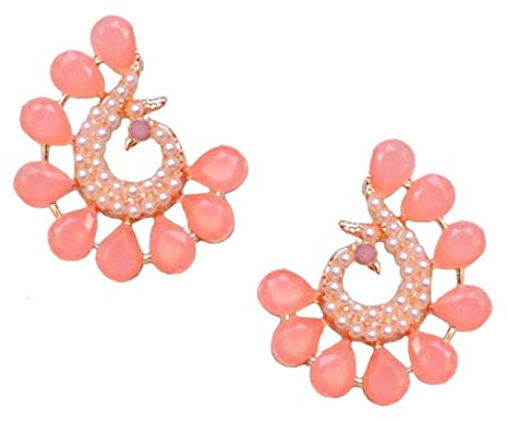 HemFashionJewels Pendientes tradicionales naranja Kundan Jadau de oro rosa Jhumka pavo real indio perla blanca Kundan Bollywood joyería para mujer, Metal, Perla de imitación
