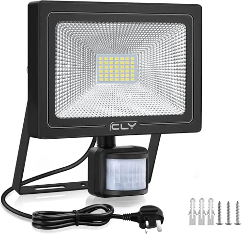 CLV 35W Plug in Security Lights with Motion Sensor 3000LM PIR Light 6500K | IP66 Waterproof Upgrade 30W Led floodlight with UK Plug, PIR Sensor Lights Outdoor for Garden, Forecourt, Garage,Pathway