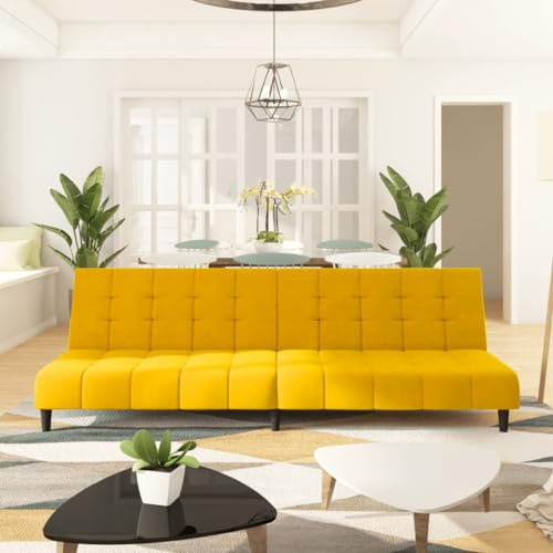 KOIECETA Schlafsofa 2-Sitzer Sofa mit Holzrahmen Schlafcouch für Wohnzimmer Heimkino Büro Couch Sofabett Tagesbett Gästebett Samt (Gelb, Ohne Armlehnen)