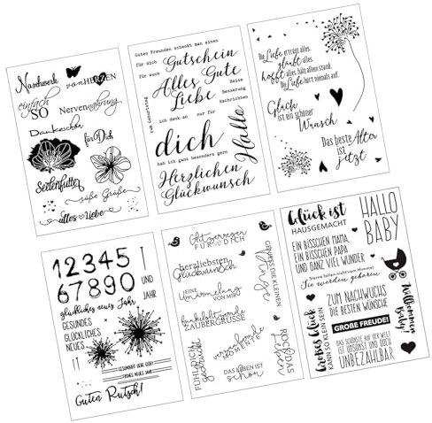 Silikonstempel Sprüche Deutsch Stempel Silikon 6 Blätter Clear Stamps Deutsche Texte,Geburtstag Stempel,Tiere und Blumen Stempelset für DIY Scrapbooking Fotoalbum