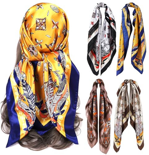 Votoko 4 Stück Kopftuch Damen, 90x90cm Große Seidentuch, Headscarf, Seide Gefühl Satin kopftuch, Schals Halstuch Haarschmuck, Bandana Damen