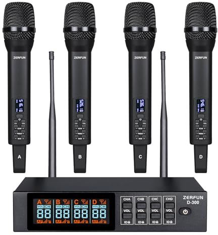 ZERFUN Rechargeable Wireless Microphone System Pro, 4 x 50 Channel UHF Handheld Cordless Mics with VOL Echo Treble BASS Control, LCD Display, Frequency Lock, XLR, 1/4, 1/8 Output, D-300, Black