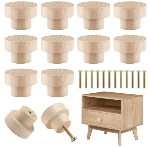GlasFlength Poignée Meuble Bois 12 Pièces, Bouton de Meuble 30 x 25 mm Ronde en Boutons de Porte pour Cuisine Bouton Tiroir avec Vis pour Placards Boutons de Meuble en Bois pour Armoires