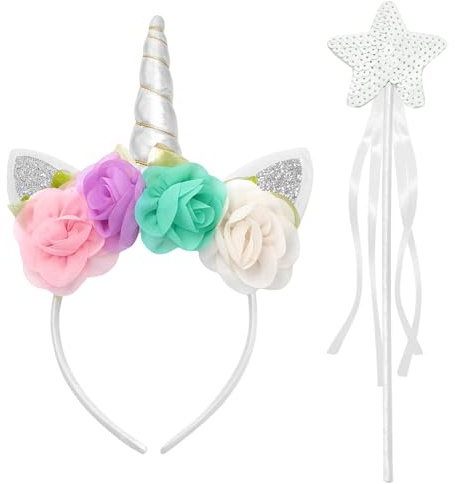 ROSAUI Einhorn Haarreif und Zauberstab, Silbernes Einhorn-Stirnband und Glitzer Zauberstab, Einhorn Kostüm Accessoire für Damen, Einhornkostüm Haarschmuck Accessoire Halloween, Weihnachten, Karneval