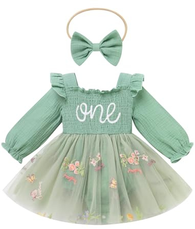 Odizli Baby Mädchen 1. Geburtstag Outfit Langarm One Stickerei Schmetterling Blume Strampler Tüllkleid + Stirnband