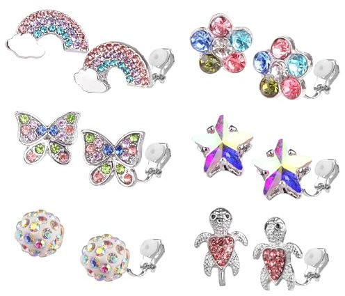 Tikplus 6 Paar Ohrclips Mädchen, Clip On Ohrringe für Kinder, Bunt, Harz, Schmetterlinge, Blumen, Sterne