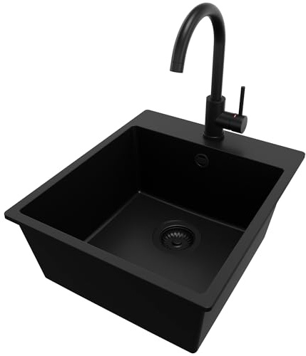 PRIMAGRAN Fregadero Granito al Mueble 45cm + Grifo, 43x50cm | Set: Grifo BW5010 + Kit de desagüe (sifón, válvula, rebosadero) + Riga 1 Seno para Cocina, Todo Negro