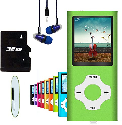 Hotechs MP3-Player/MP4-Player, MP3-Player mit 32 GB Speicherkarte, schlankes Design, digitales LCD-Display, 4,6 cm (1,8 Zoll) Display, FM-Radio (Grün mit Weiß)
