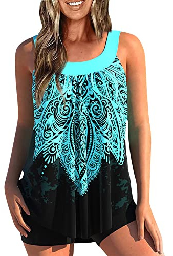 uxxnjfg Tankini Donna Mare Curvy Taglie Forti Costume Donna Due Pezzi Push Up Costumi Contenitivo Beach Brasiliana Tankini Vita Alta Eleganti Swimwear Bikini Top Pantaloncino Beachwear(Blu,L)