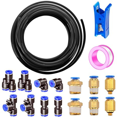 HUAZIZ Svart 10 m Air PU pneumatisk slang, 1/4 tum pneumatisk polyuretan pneumatisk slang, 6 mm ytterdiameter med 14 stycken pneumatiska kontakter + 1 slangskärare + 1 rulle tejp