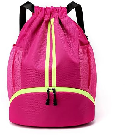 WUBAYI Football Boot Bag, Sports Kit Gym Sack Swimming PE Large Drawstring Bag Unisex With Wet And Dry Separation, Waterproof Gym Bag for Adults Men Women Travel, Sports Beach Holidays (Rose Red)