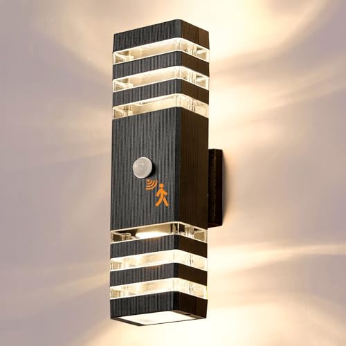 Warmiehomy PIR Outdoor Wall Lights with Motion Sensor, GU10 LED Up Down Outside Lights Mains Powered, IP67 Waterproof External Modern Lighting Exterior Sconce Lamp for Front Door, Porch, Hallway, 33cm