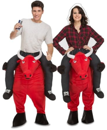 My Other Me - Disfraz Toro Adulto Unisex, talla Única. Incluye pantalón rojo con cabeza de toro, cuernos blancos y pezuñas negras, y piernas falsas grises con rodilleras y zapatos con cordones.