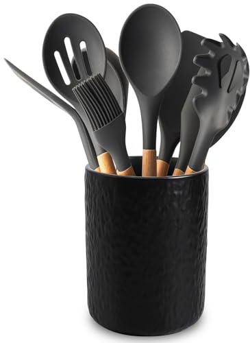 PORFOYO Portautensili in ceramica, 12 x 16 cm, portautensili da cucina, portautensili da cucina, supporto per utensili da cucina moderno, per tavolo da pranzo e barbecue, nero
