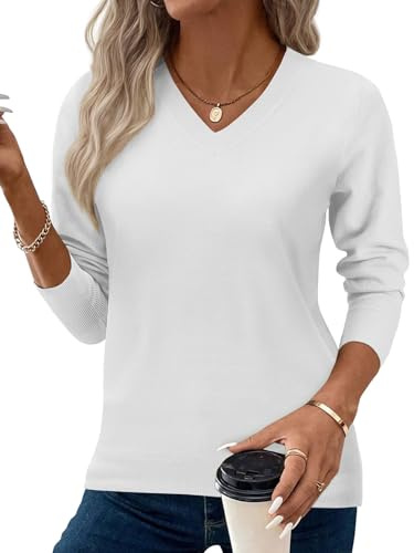 Yutdeng Jersey Mujer Elegante Jersey de Punto para Mujer Cuello en V Suéter Manga Larga Suave Sweater Cálido Jerséis Otoño Invierno Sueter Casual Pullover Ligero Jerseys Cómodo Ajustado Top Color Liso