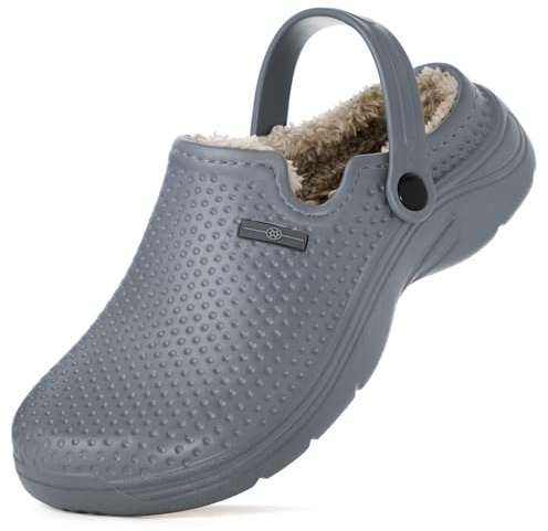 Zapatillas de Estar en casa Hombre Zuecos Mujer Invierno Zapatos de jardín Impermeable Pantuflas Forro Pelusa Zapatilla de Interior Caliente 40EU Gris-A
