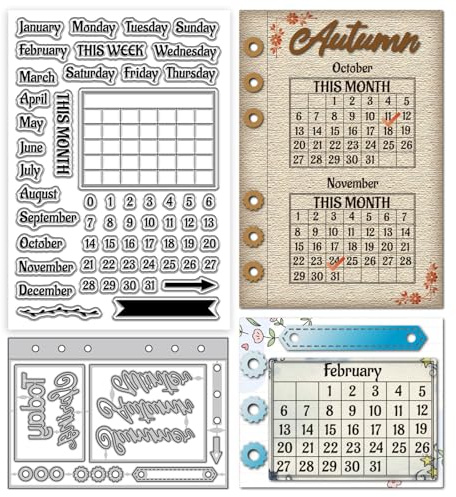 GLOBLELAND Kalenderplanerseite Transparenter Stempel Und Stanzformen Set Zum Erstellen von Karten Monatsplaner Transparenter Silikonstempel Metallwörter Stanzungen Für DIY Scrapbooking Fotoalbum