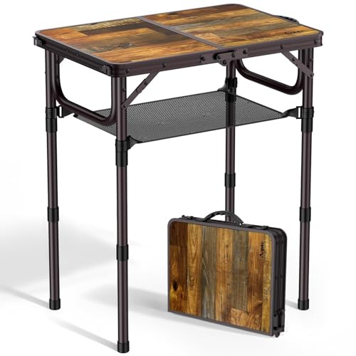 Anbte Campingtisch 58x40cm mit 3 Höhenverstellbar 26/48/70cm, Leicht | Aluminium Rahmen & MDF Braun-Tischplatte, Tragbar Picknicktisch mit Aufbewahrungsnetz, Klapptisch für Strand Balkon Angeln