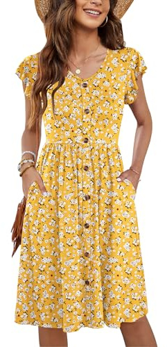MOLERANI Women Summer Dresses V Neck Ruffle Sleeve Casual Swing Elastic Waist Midi Dress with Pockets