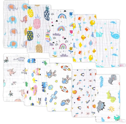 10 Stück Musselintücher Spucktücher Baby - 50x25cm Spucktücher Baby Reine Baumwolle, Waschlappen Weiche, SaugfäHig Atmungsaktiv Wickeltücher für Jungen Mädchen Reinigen und Abwischen von Neugeborenen