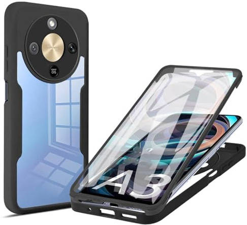 YUEQIAN Funda para Honor Magic 8 Lite 5G/Magic8 Lite, Carcasa Antigolpes con Protector de Pantalla Integrado, Robusto 360º Doble Cara Protección Transparente Silicona Bumper Caso. Negro