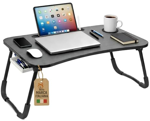 AkitaInk Tavolino Pieghevole per Laptop – Vassoio da Scrivania Portatile con Cassetto e Portabicchieri, Ideale per Letto e Divano, Nero, 60×40×26 cm