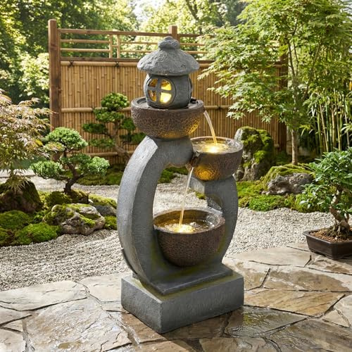 Jaxenor Gartenbrunnen, Außenbrunnen mit LED-Beleuchtung, Ca.25X44,5X95cm, Japanischer Garten Springbrunnen Für Garten, Terrasse, Balkon und Rasen, Steingrau