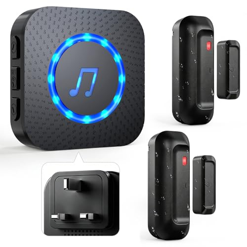 ChunHee Door Alarms when Opened,Waterproof Door Sensor for Home/Shop | Window Alarms for Security,Expandable System,Easy to Install,55 Music with Mute to 110dB,150m Range,3-pin UK Plug