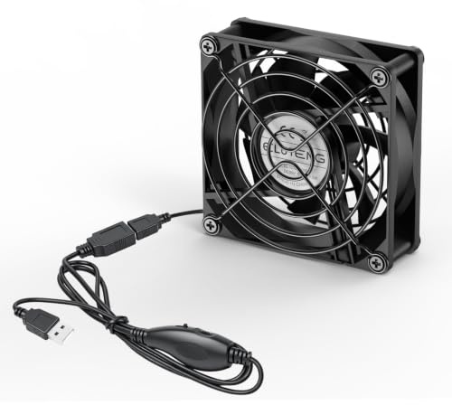 ELUTENG 80 mm USB-fläkt med steglös hastighetskontroll 2000–4000 varv/min, hydraulisk förvaring 5 V tyst PC-fläkt, 7 ark metallgaller för PC, TV-box, DVR, Xbox, PS5, skåp, svart
