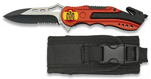 Navaja con insignia BANDERA ESPAÑA AGUILA roja Sierra Funda 6,5 cm para Caza, Pesca, Camping, Outdoor, Supervivencia y Bushcraft Albainox 19626GR1017 + Portabotellas de regalo