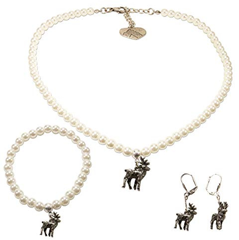 Alpenflüstern Trachtenschmuck-Set Perlen-Trachtenkette, Trachten-Armband und Trachten-Ohrhänger Hirsch - Damen-Trachten-Schmuck, Trachtenset Kette, Armkette und Ohrringe Creme-weiß SET039