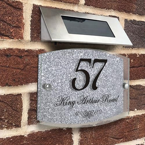 Modern House Sign Plaque Door Number | Personalised Glass Effect Acrylic Glitter Sign | Personalised House Number Hand Finished in UK (Silver, Design D)