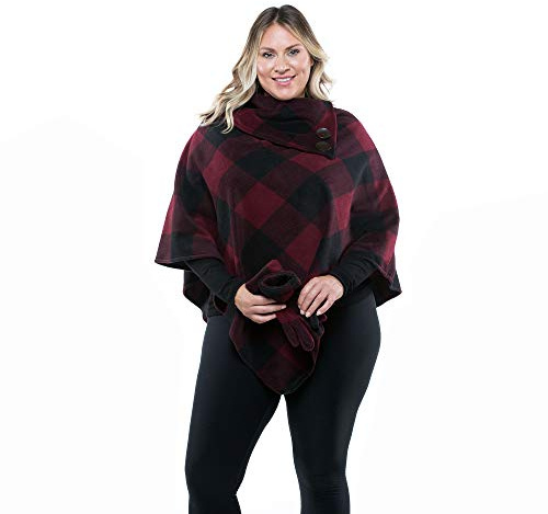 LINDA ANDERSON Cozy Coat Womens Printed Fleece Poncho Wearable Blanket with Gloves Set (Burgundy Plaid)