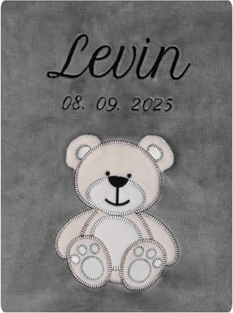 Wuff-Dogsworld Babydecke mit Namen und Geburtsdatum Bestickt, personalisierte Kuscheldecke, viele Motive & Farben, Geschenk zur Geburt für Mädchen & Jungen (grau Bär)