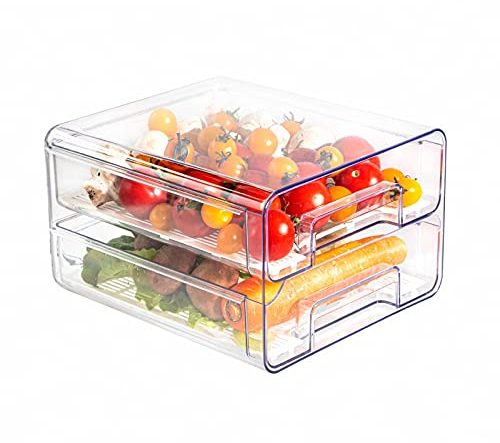 BigTron Food Storage Double Layer Container with Lids Removable Drain Tray for Refrigerator, Food Fruit Vegetables,fridge organizer Stackable Meal Fresh Keeper Bins Clear