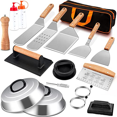 Joyfair Grillzubehör 18 Stück, Edelstahl Flat Top Grillzubehör Outdoor Camping BBQ Kochwerkzeuge, mit Grillspatel, Schaber, Schmelzkuppel, Burger Turner, tragbare Tragetasche