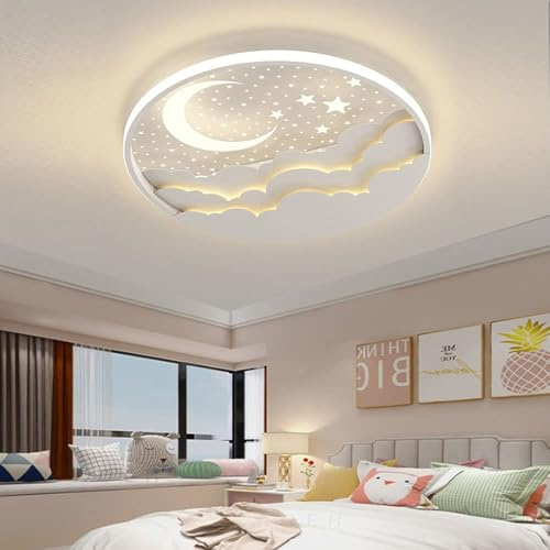 AOEH LED Kinder Deckenlampe Stern Mond Deckenleuchte Für Kinder Acryl Lampenschirm Stufenloses Dimmen mit Fernbedienung Ultradünn 6Cm Schlafzimmer Decke Kindergarten Beleuchtung-D50cm,50W,Weiß