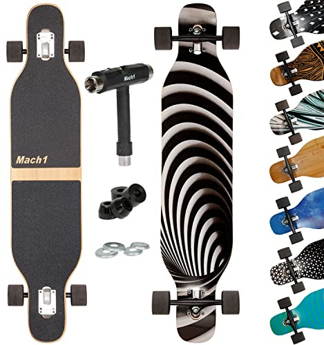 Mach1 Bambus Longboard mit Keramik Kugellager + T-Tool - Skateboard Drop Through Camber Cruiser Komplettboard