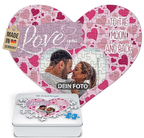 Foto-Puzzle selbst gestalten - Love You - mit einem Foto Bedrucken - Herz-Puzzle Personalisieren - Geschenk zu Valentinstag, Jahrestag - 114 Teile inkl. Metalldose