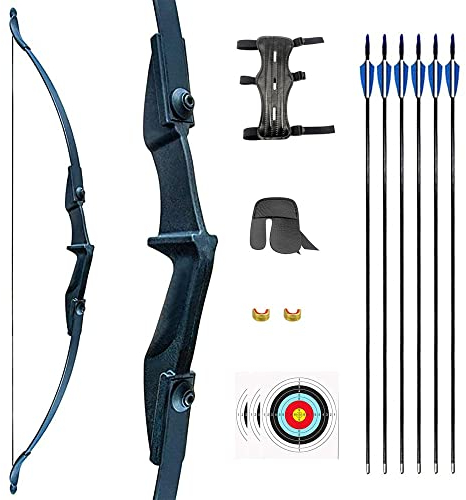 ZSHJGJR 53 Recurvebogen Set für Anfänger 30-40lbs Bogen und Pfeile Set mit 6 Glasfaserpfeile Linke und rechte Hand Recurvebogen für Erwachsene und Jugendliche Anfänger (40lbs, Schwarz Set)