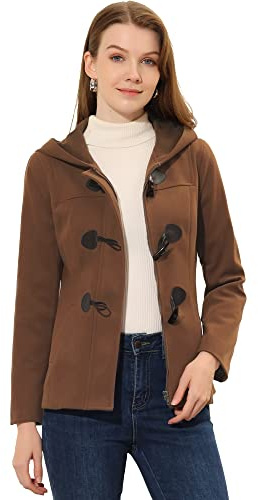 Allegra K Women's Casual Winter Outwear Hooded Button Peacoat Toggle Duffle Coat Medium Dark Brown