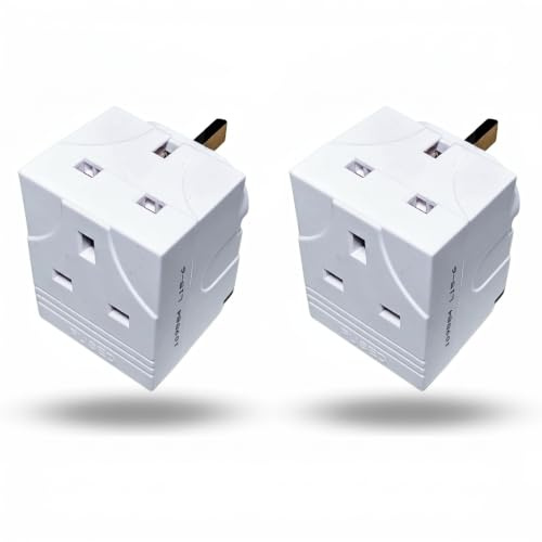 3 Way Multi Plug Adapter 13A 250V UK, Adapter plug uk, 3 Pin Outlet Splitter, Compact Power Extension Lead for Home Kitchen Travel, Multi Socket Plug, Double Adapter UK (Pack 2)