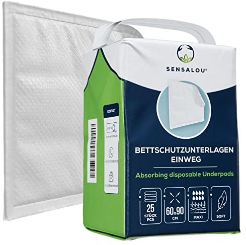 Sensalou Einweg Bettunterlagen 60x90 cm – 25 Stück – wasserdichte Krankenunterlagen, Inkontinenz-Uunterlagen, saugstarke Bettschutzeinlagen für Erwachsene, Kinder, Pflege, Baby, Hund