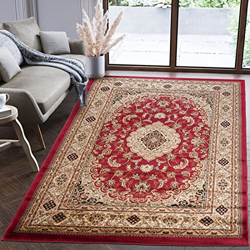 Mazovia Teppich Flur 140x190cm Rot Klassisch Traditionell Weich Mittelflor | Teppich für Eingangsbereich Küche Büro Wohnzimmer Schlafzimmer Pflegeleicht Fußbodenheizungsgeeignet Synthetisch Elegant
