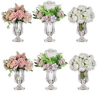 Glasseam Compote Flower Vase Set of 6, Small Pedestal Vases for Centerpieces, Crystal Clear Glass Vases for Flowers, Ribbed Decorative Vase Decor Footed Urn for Dining Table Decoration, 5.7in
