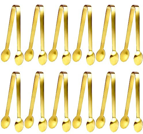 JCREN Goldzange, Servierzange, Edelstahlzange zum Servieren von Lebensmitteln, Zuckerzange, Eiszange für Teeparty, Kaffee, Vorspeisen, Desserts, 12,4 cm, 12 Stück