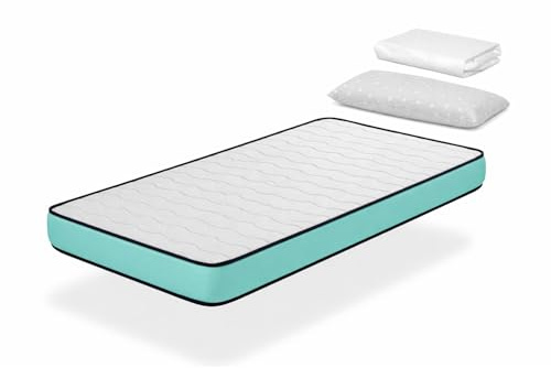 DORMISSIMO Pack Kindermatratze 90X200 PROMO CONFORT Höhe 14 cm H2 + 1 Memory Foam Kopfkissen 90x35 cm + 1 Matratzenschoner 90X200 cm