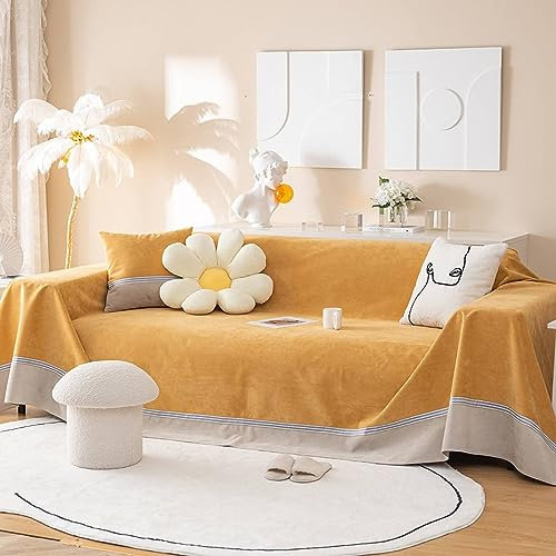Homxi Sofahusse 4Sitzer,200x400CM,Cauchsofa Bezug Einfarbig mit Streifen Sofa Überwurf Polyester Sofa-Handtuch Gelb Sofa Universal Bezug
