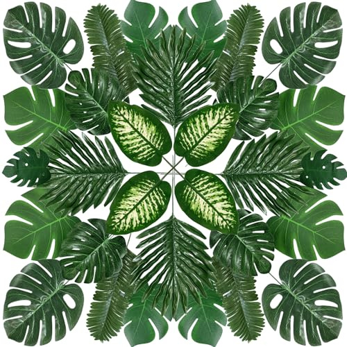 QUOZUO 98 pezzi 8 tipi di Foglie di Palma Artificiali con gambo, Foglie di monstera, Tropicali Foglie di Piante decorazione per Feste hawaiane, Giungla