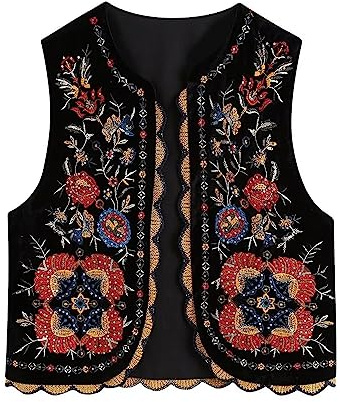 Alaurbeauty Gilet da donna vintage ricamato floreale Y2k senza maniche open crop gilet floreale cardigan gilet gilet in lino streetwear, Nero , M